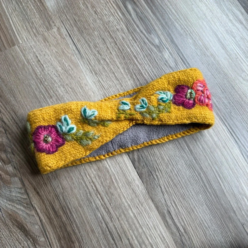 French Knot Yellow Wool Embroidered Floral Fleece Lined Ear Warmer Headband